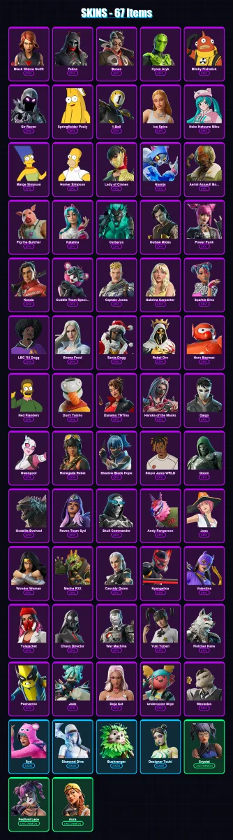 [PC/XBOX/PSN] | Black Widow Outfit | Felina | Bones | Kyran Aryk | Blinky Fishstick | 67 skin | 97 pickaxe | 56 emote | 54 glider | Lv543
