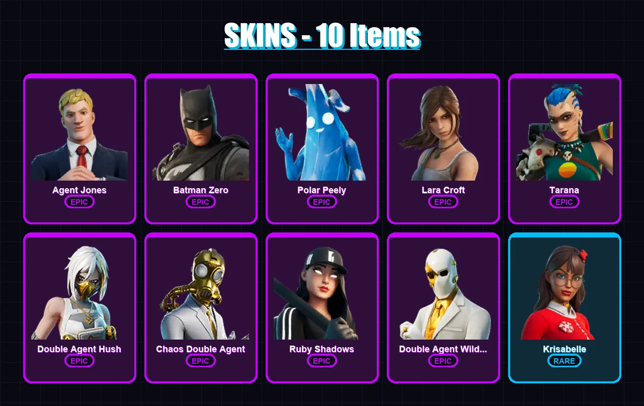[PC/XBOX/PSN] | Agent Jones | Batman Zero | Polar Peely | Lara Croft | Tarana | 10 skin | 15 pickaxe | 16 emote | 15 glider | Lv156