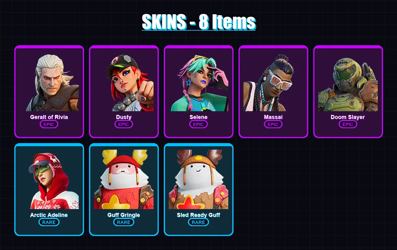 [PC/XBOX/PSN] | Geralt of Rivia | Dusty | Selene | Massai | Doom Slayer | 8 skin | 9 pickaxe | 9 emote | 11 glider | Lv58