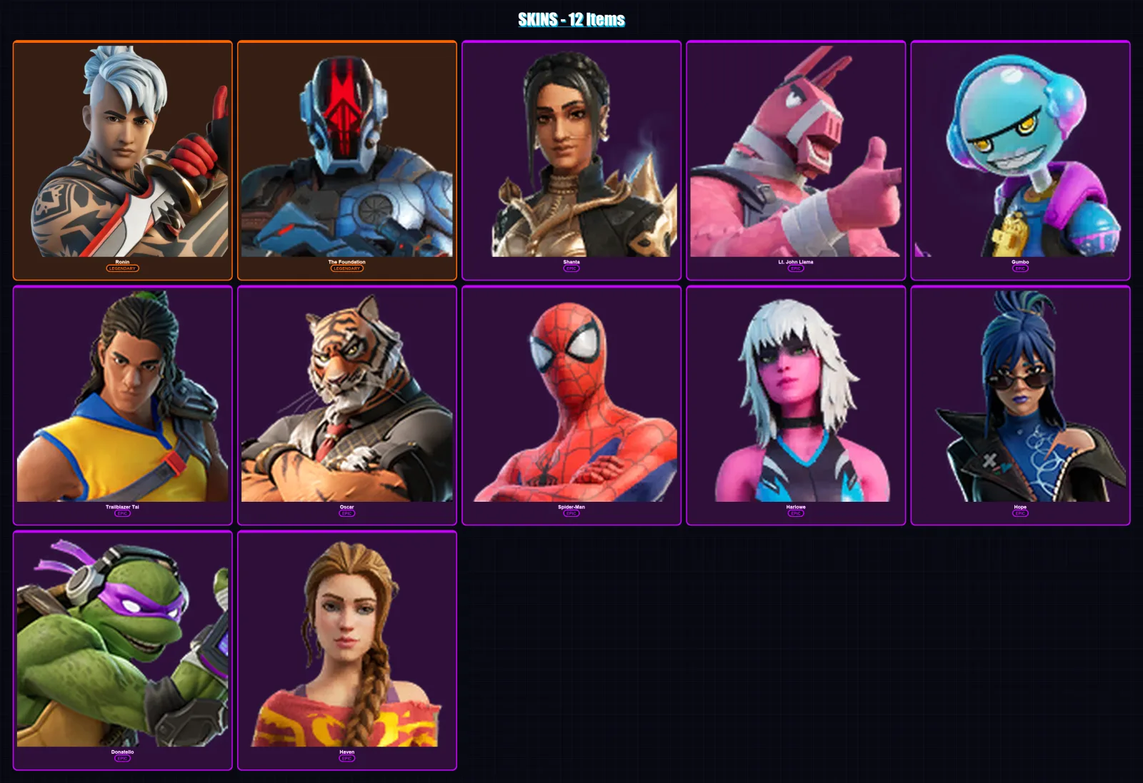[PC/XBOX/PSN] | Ronin | The Foundation | Shanta | Lt. John Llama | Gumbo | 12 skin | 18 pickaxe | 14 emote | 13 glider | Lv161