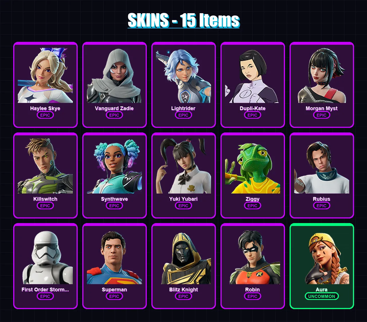 [PC/PSN] | Haylee Skye | Vanguard Zadie | Lightrider | Dupli-Kate | Morgan Myst | 15 skin | 44 pickaxe | 24 emote | 33 glider | Lv618