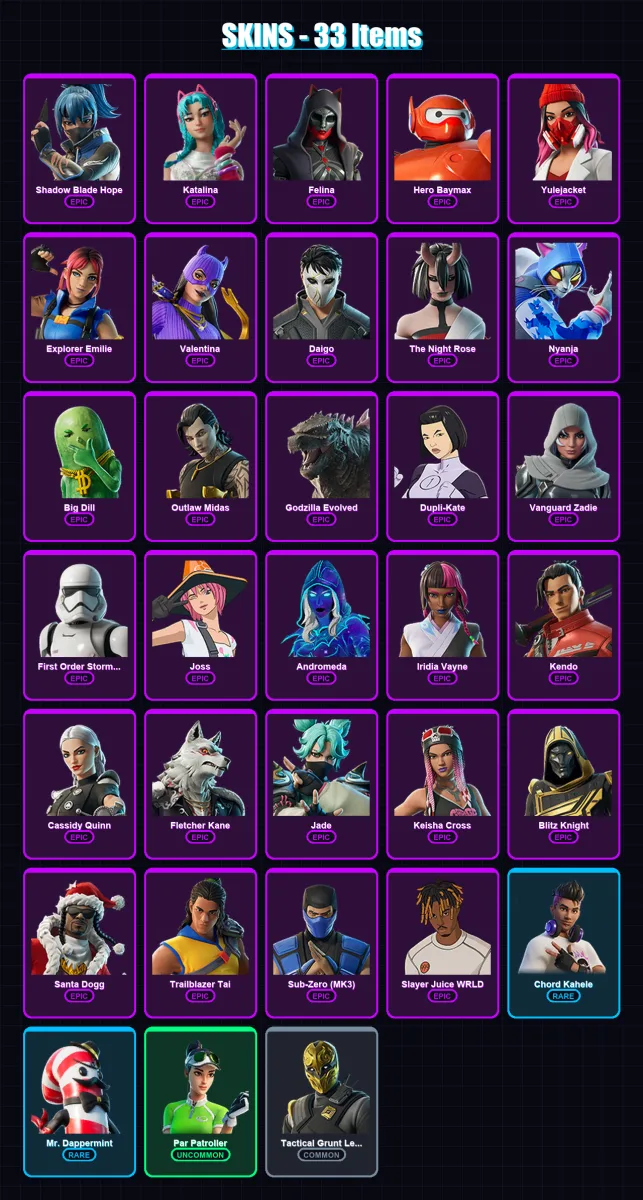 [PC] | Shadow Blade Hope | Katalina | Felina | Hero Baymax | Yulejacket | 33 skin | 88 pickaxe | 43 emote | 64 glider | Lv1322