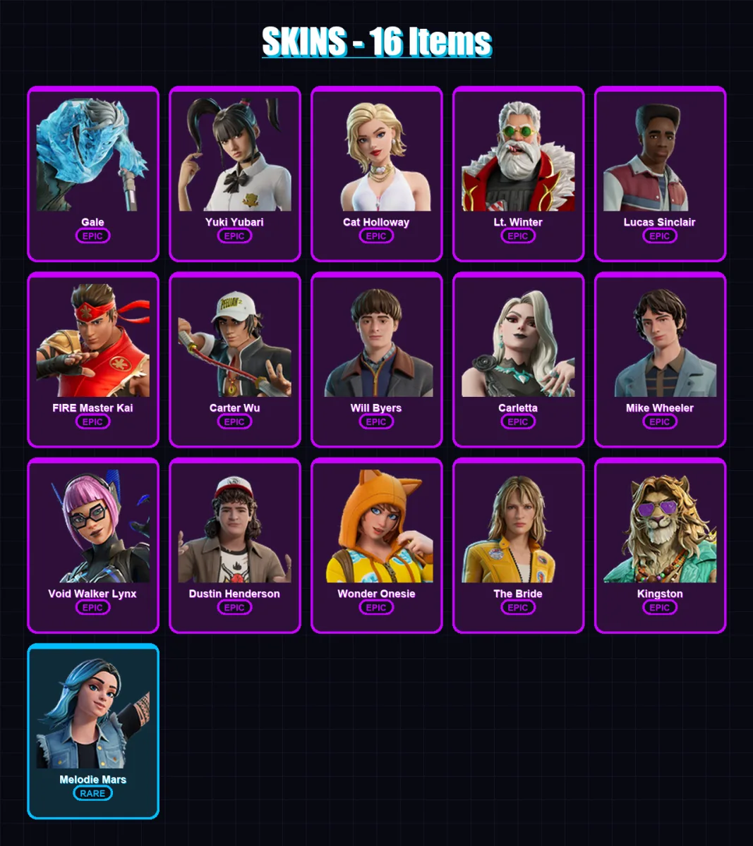 [PC/XBOX/PSN] | Gale | Yuki Yubari | Cat Holloway | Lt. Winter | Lucas Sinclair | 16 skin | 38 pickaxe | 25 emote | 22 glider | Lv209