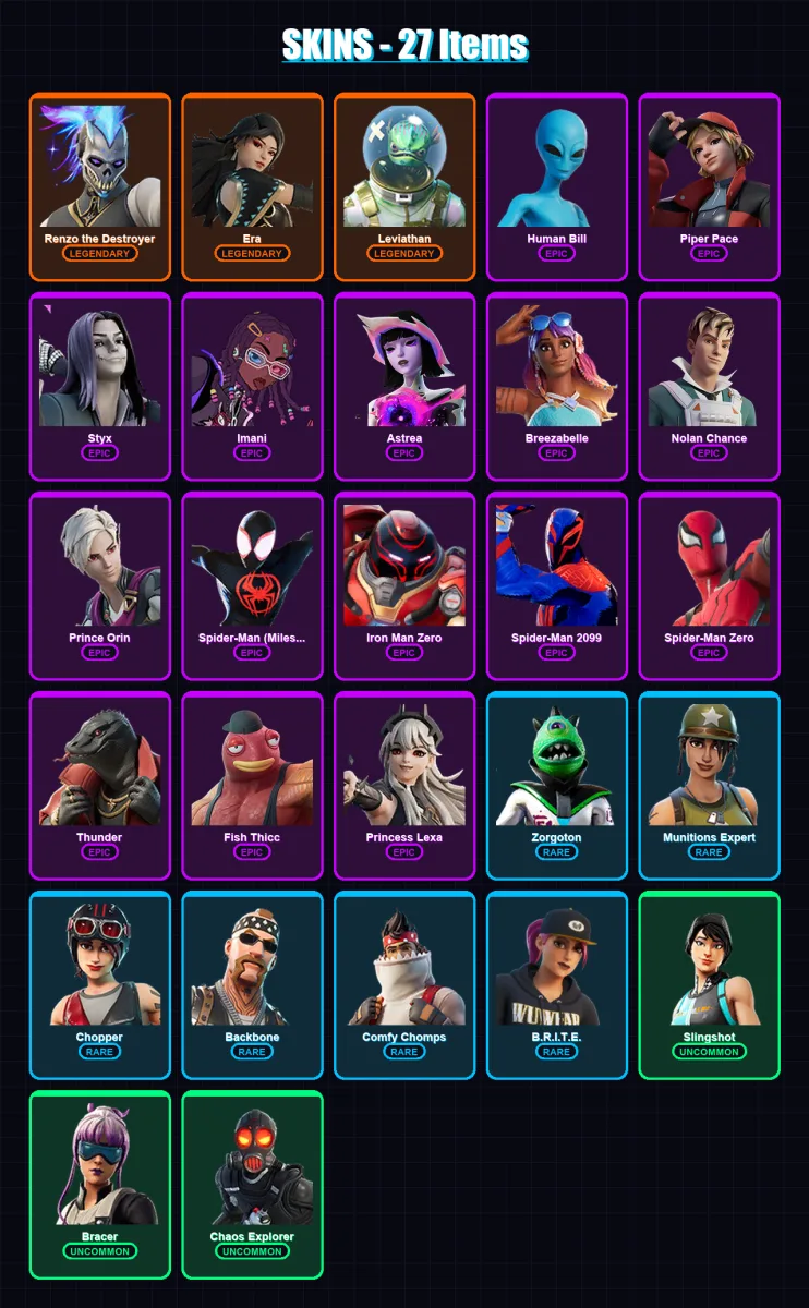 [PC/XBOX/PSN] | Renzo the Destroyer | Era | Leviathan | Human Bill | Piper Pace | 27 skin | 29 pickaxe | 21 emote | 16 glider | Lv99