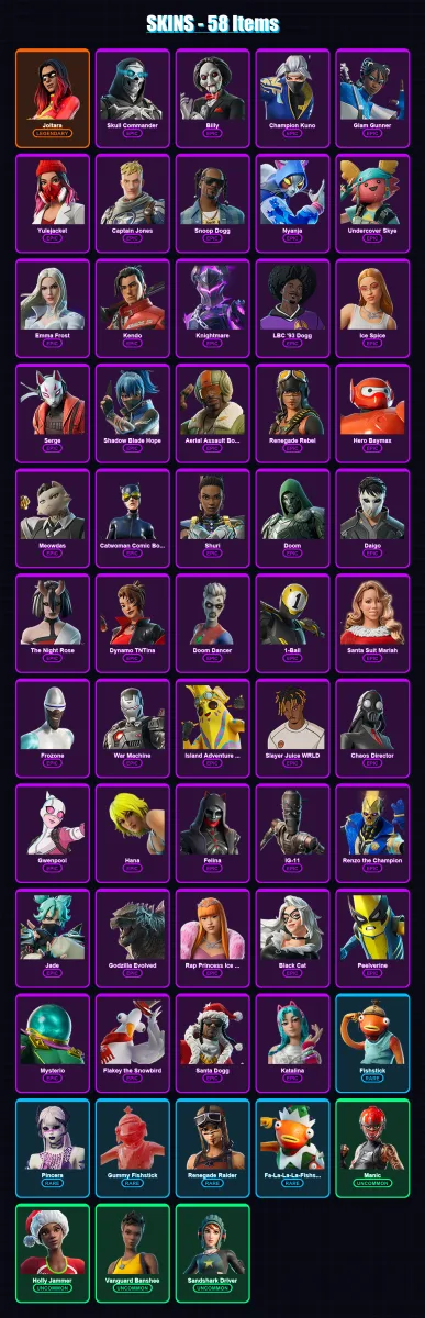 [PC/XBOX/PSN] | Joltara | Skull Commander | Billy | Champion Kuno | Glam Gunner | 58 skin | 77 pickaxe | 55 emote | 48 glider | Lv1518 — Fortnite account