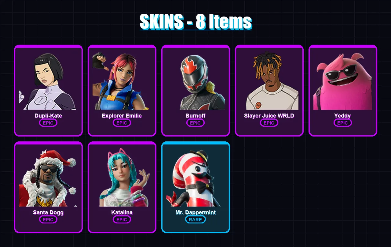 [PC/PSN] | Dupli-Kate | Explorer Emilie | Burnoff | Slayer Juice WRLD | Yeddy | 8 skin | 38 pickaxe | 17 emote | 26 glider | Lv378