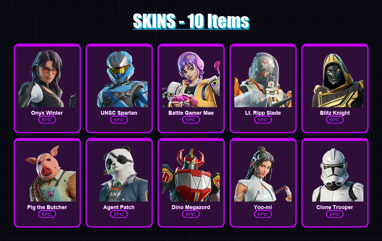 [PC/XBOX/PSN] | Onyx Winter | UNSC Spartan | Battle Gamer Mae | Lt. Ripp Slade | Blitz Knight | 10 skin | 40 pickaxe | 17 emote | 27 glider | Lv417