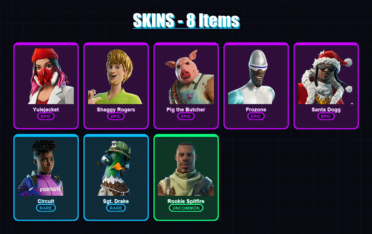 [PC/XBOX/PSN] | Yulejacket | Shaggy Rogers | Pig the Butcher | Frozone | Santa Dogg | 8 skin | 20 pickaxe | 12 emote | 16 glider | Lv134