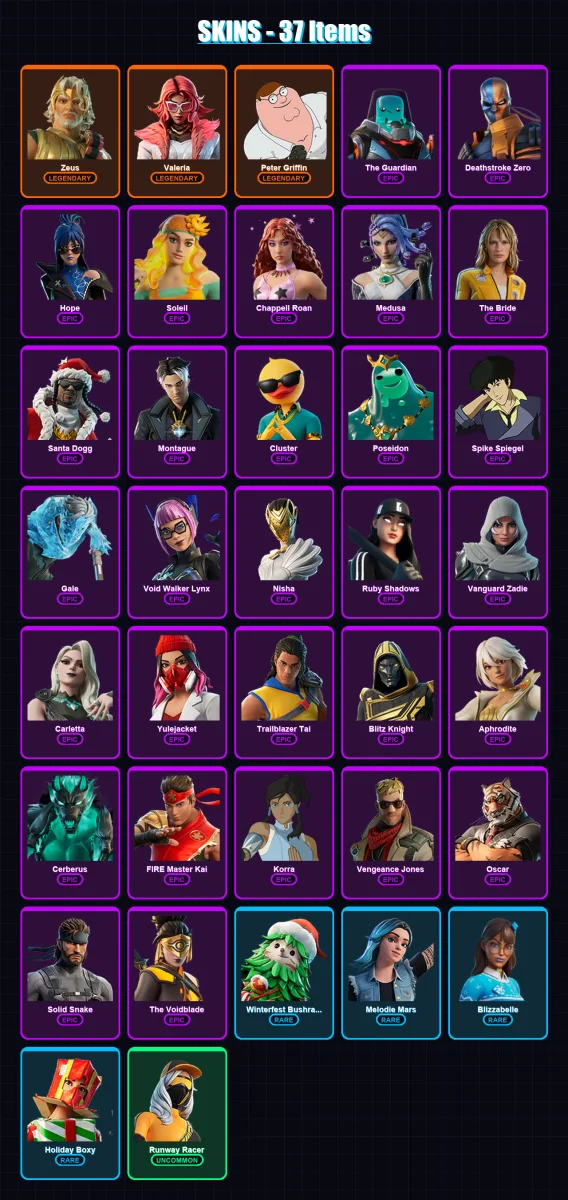 [PC/PSN] | Zeus | Valeria | Peter Griffin | The Guardian | Deathstroke Zero | 37 skin | 84 pickaxe | 68 emote | 68 glider | Lv1076