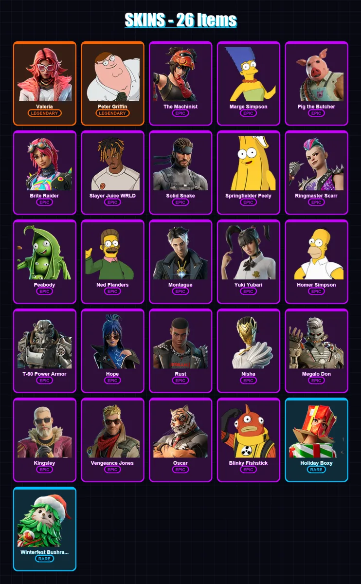 [PS4/PS5/XBOX/PC] | Valeria | Peter Griffin | The Machinist | Marge Simpson | Pig the Butcher | 26 skin | 62 pickaxe | 39 emote | 50 glider | Lv608 — Fortnite account