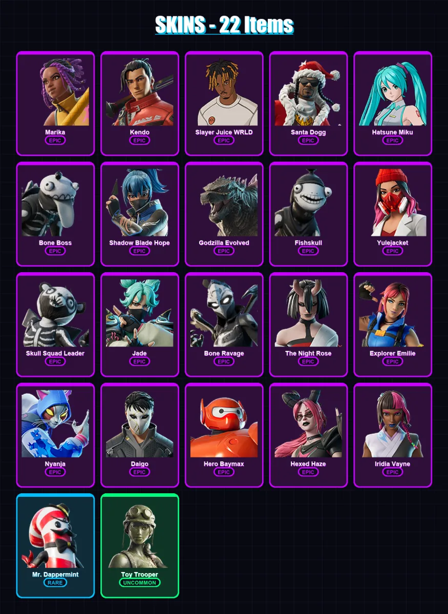 [PC/XBOX/PSN] | Marika | Kendo | Slayer Juice WRLD | Santa Dogg | Hatsune Miku | 22 skin | 36 pickaxe | 21 emote | 26 glider | Lv230