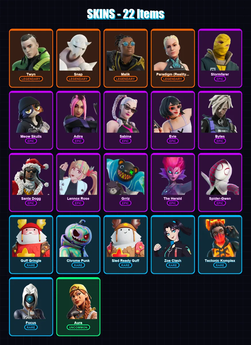 [PC/XBOX/PSN] | Twyn | Snap | Malik | Paradigm (Reality-659) | Stormfarer | 22 skin | 43 pickaxe | 24 emote | 39 glider | Lv557 — Fortnite account