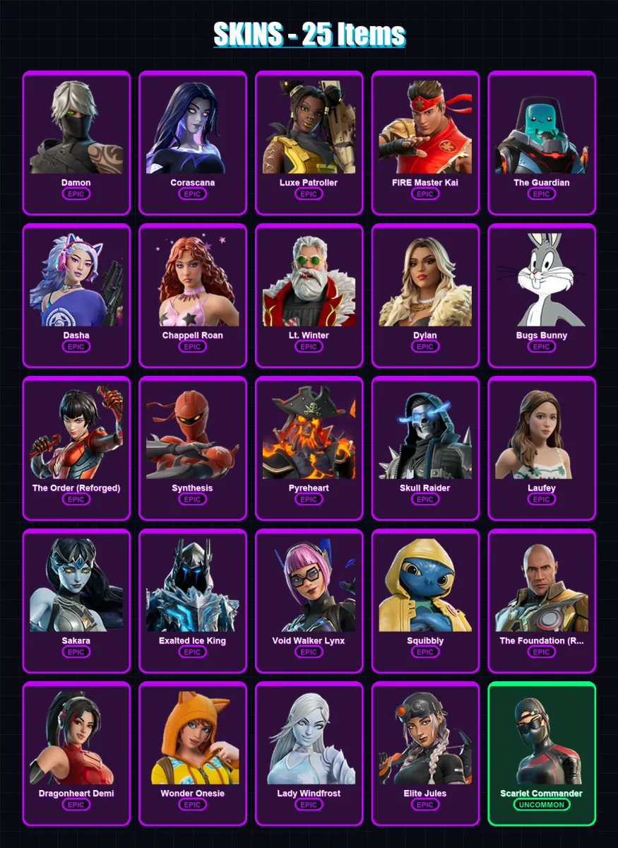 [PC/XBOX/PSN] | Damon | Corascana | Luxe Patroller | FIRE Master Kai | The Guardian | 25 skin | 30 pickaxe | 15 emote | 23 glider | Lv161