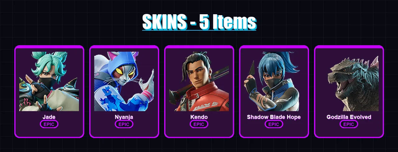 [PC/PSN] | Jade | Nyanja | Kendo | Shadow Blade Hope | Godzilla Evolved | 5 skin | 12 pickaxe | 6 emote | 9 glider | Lv71