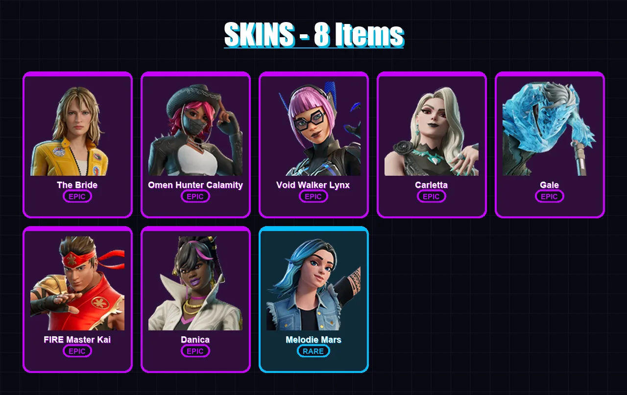 [PC/PSN] | The Bride | Omen Hunter Calamity | Void Walker Lynx | Carletta | Gale | 8 skin | 4 pickaxe | 5 emote | 5 glider | Lv14