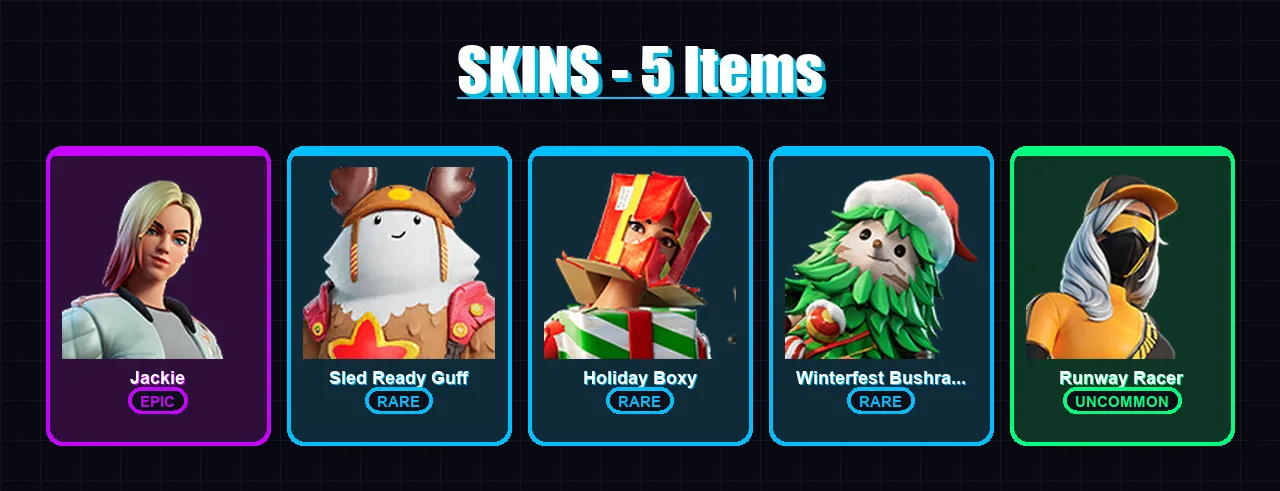 [PC/XBOX/PSN] | Jackie | Sled Ready Guff | Holiday Boxy | Winterfest Bushranger | Runway Racer | 5 skin | 19 pickaxe | 10 emote | 18 glider | Lv286