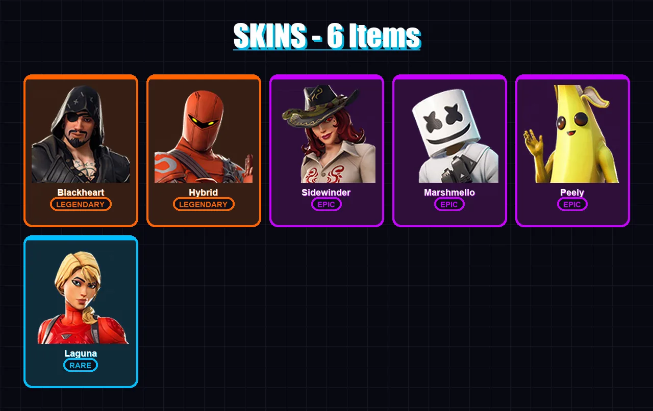 [PC/XBOX/PSN] | Blackheart | Hybrid | Sidewinder | Marshmello | Peely | 6 skin | 7 pickaxe | 10 emote | 10 glider | Lv86