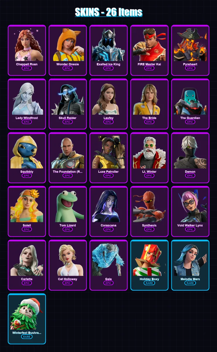 [PC/PSN] | Chappell Roan | Wonder Onesie | Exalted Ice King | FIRE Master Kai | Pyreheart | 26 skin | 31 pickaxe | 24 emote | 21 glider | Lv136