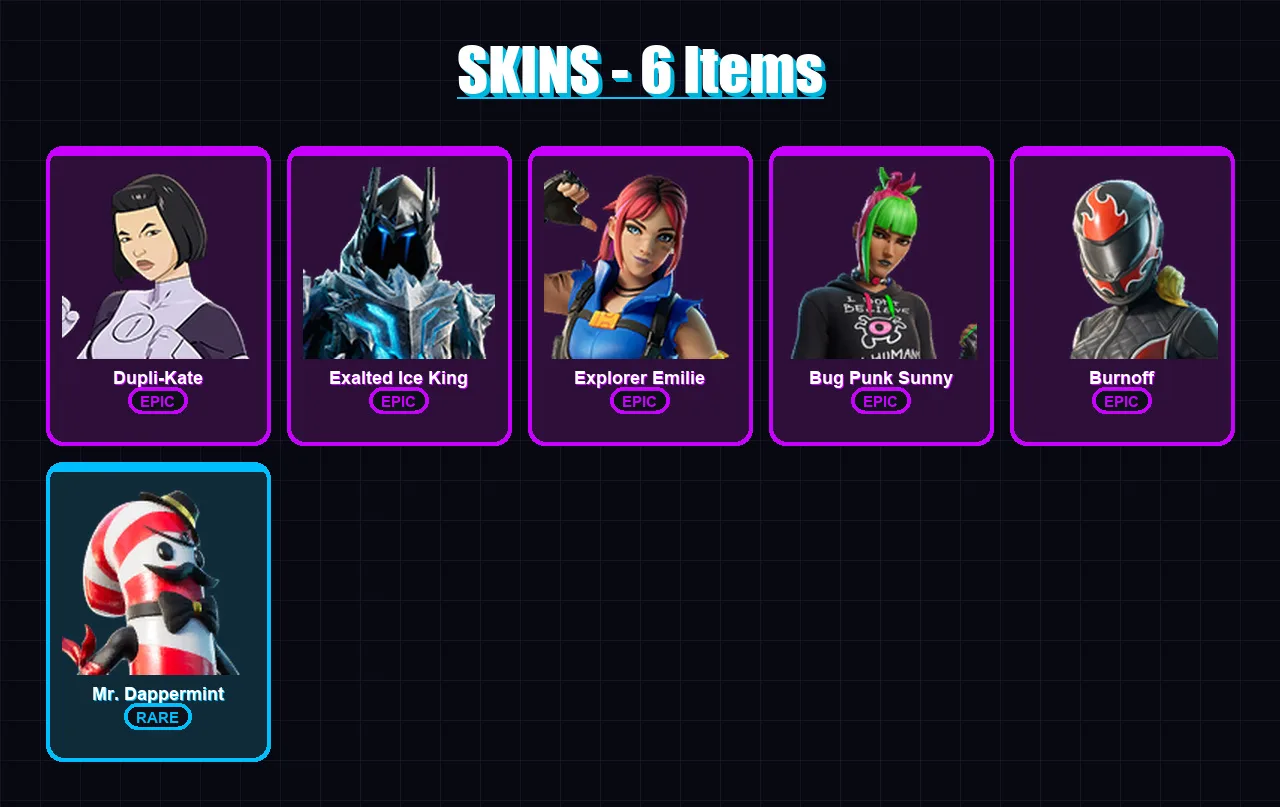 [PS4/PS5/XBOX/PC] | Dupli-Kate | Exalted Ice King | Explorer Emilie | Bug Punk Sunny | Burnoff | 6 skin | 36 pickaxe | 14 emote | 22 glider | Lv237
