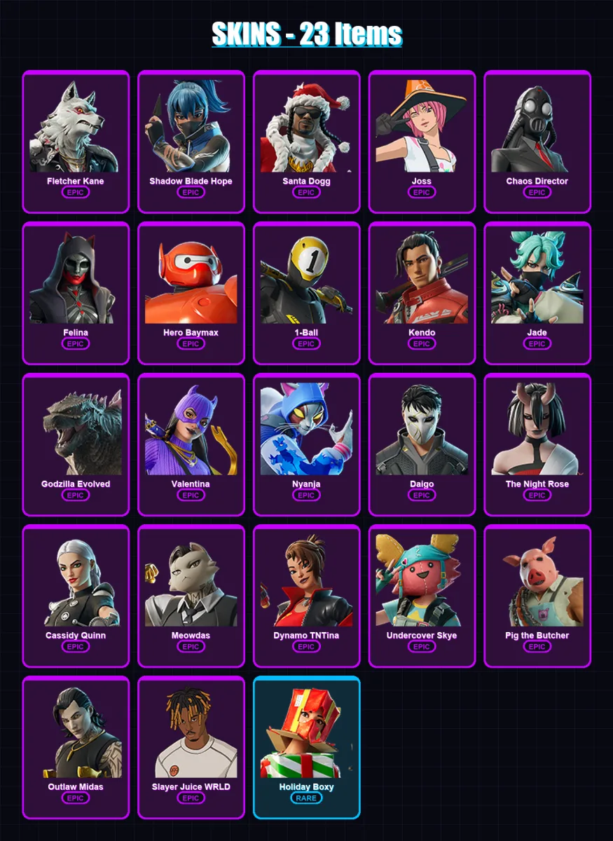 [PC/XBOX/PSN] | Fletcher Kane | Shadow Blade Hope | Santa Dogg | Joss | Chaos Director | 23 skin | 71 pickaxe | 44 emote | 48 glider | Lv808