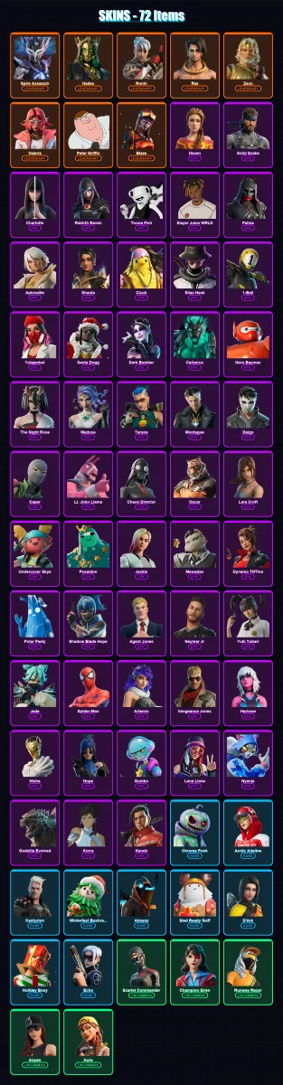[PC] | Spire Assassin | Hades | Ronin | Raz | Zeus | 72 skin | 117 pickaxe | 69 emote | 88 glider | Lv1411