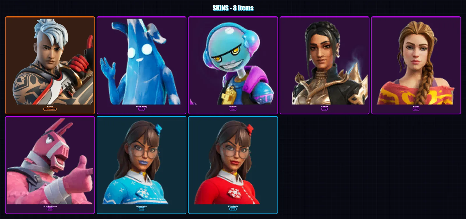 [PC/XBOX/PSN] | Ronin | Polar Peely | Gumbo | Shanta | Haven | 8 skin | 20 pickaxe | 12 emote | 16 glider | Lv264
