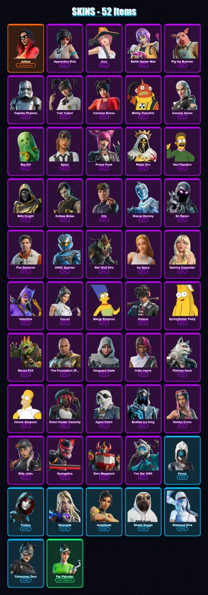 [PS4/PS5/XBOX/PC] | Joltara | Apprentice Evie | Joss | Battle Gamer Mae | Pig the Butcher | 52 skin | 84 pickaxe | 55 emote | 48 glider | Lv696