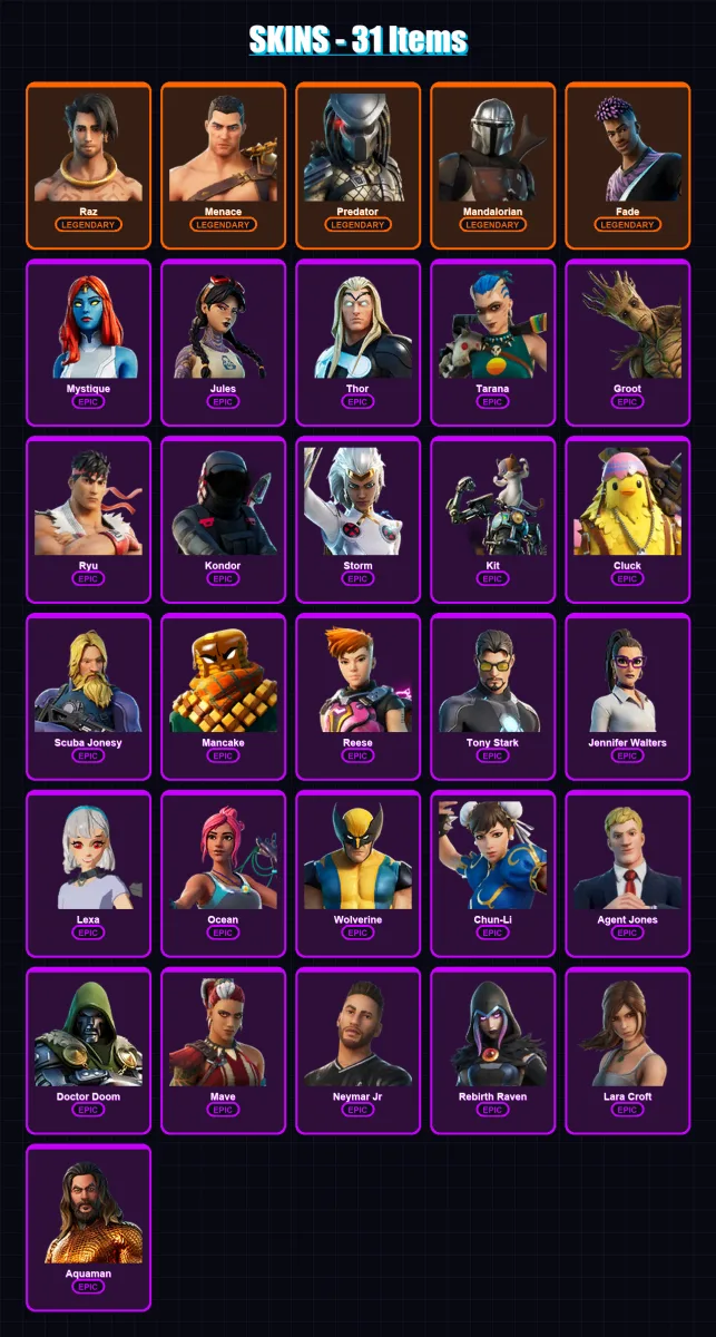 [PC/XBOX/PSN] | Raz | Menace | Predator | Mandalorian | Fade | 31 skin | 34 pickaxe | 27 emote | 31 glider | Lv463