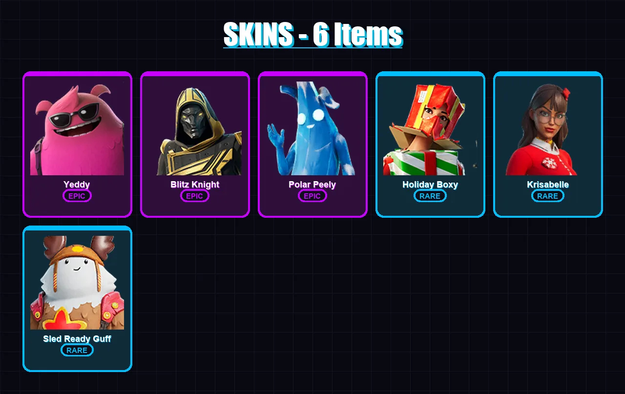 [PC/XBOX/PSN] | Yeddy | Blitz Knight | Polar Peely | Holiday Boxy | Krisabelle | 6 skin | 23 pickaxe | 7 emote | 11 glider | Lv124