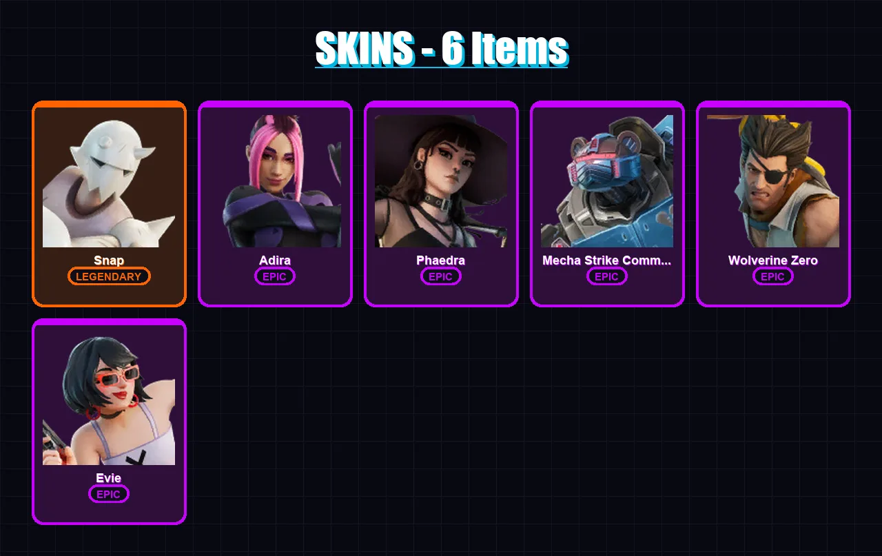 [PC/PSN] | Snap | Adira | Phaedra | Mecha Strike Commander | Wolverine Zero | 6 skin | 8 pickaxe | 5 emote | 7 glider | Lv57