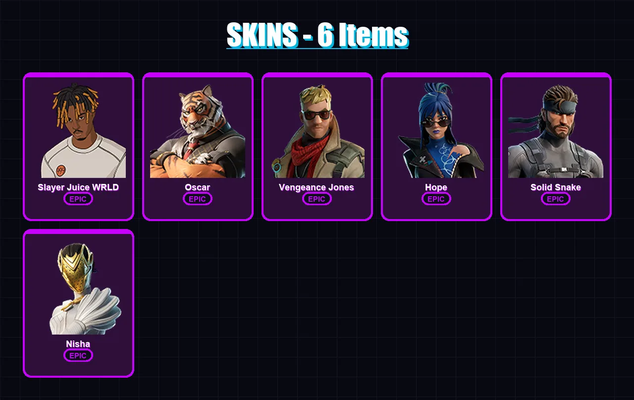 [PS4/PS5/PC] | Slayer Juice WRLD | Oscar | Vengeance Jones | Hope | Solid Snake | 6 skin | 9 pickaxe | 14 emote | 8 glider | Lv83