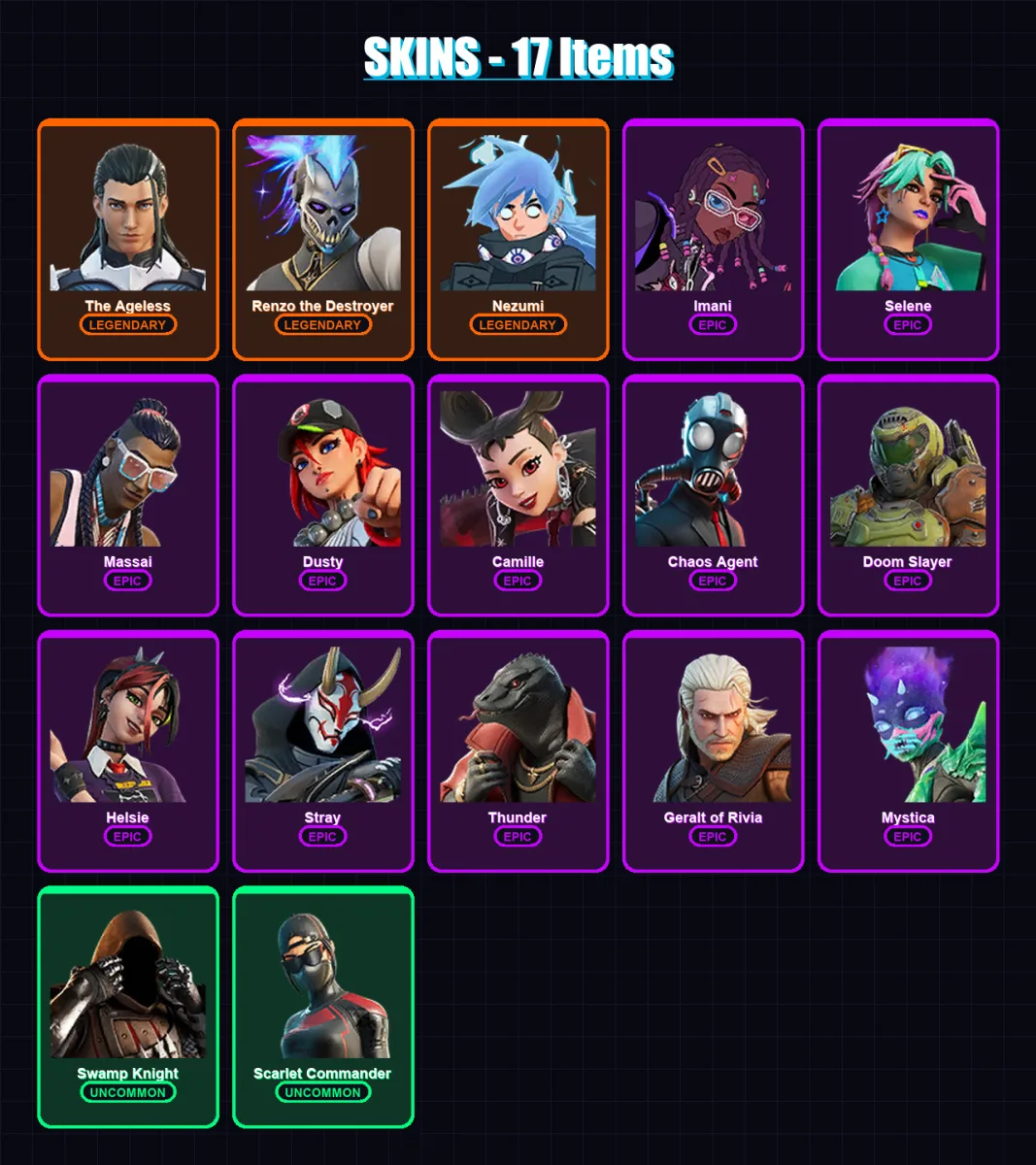 [PC/XBOX] | The Ageless | Renzo the Destroyer | Nezumi | Imani | Selene | 17 skin | 36 pickaxe | 29 emote | 33 glider | Lv522