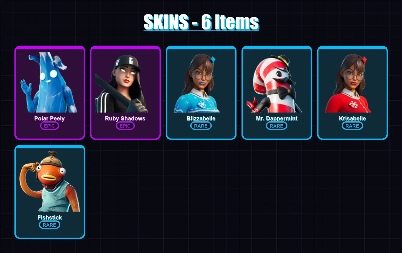 [PC/XBOX/PSN] | Polar Peely | Ruby Shadows | Blizzabelle | Mr. Dappermint | Krisabelle | 6 skin | 6 pickaxe | 8 emote | 8 glider | Lv65