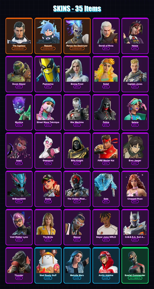 [PC/XBOX/PSN] | The Ageless | Nezumi | Renzo the Destroyer | Geralt of Rivia | Helsie | 35 skin | 66 pickaxe | 38 emote | 53 glider | Lv498 — Fortnite account