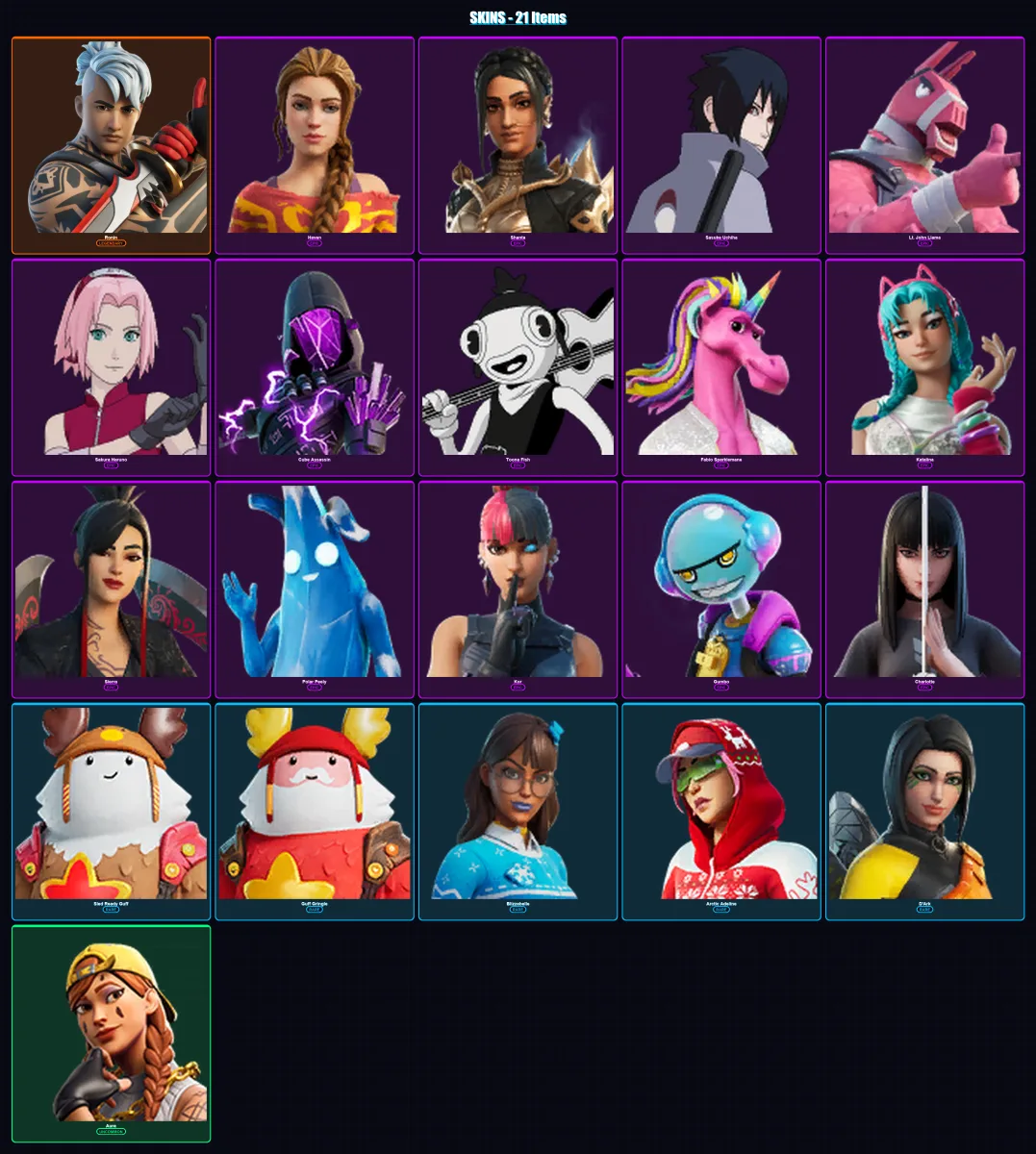 [PC/XBOX/PSN] | Ronin | Haven | Shanta | Sasuke Uchiha | Lt. John Llama | 21 skin | 31 pickaxe | 19 emote | 23 glider | Lv267