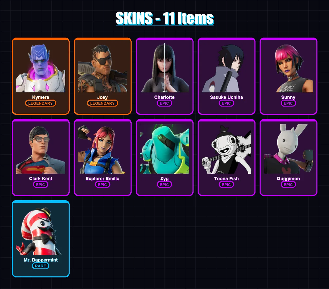 [PC/PSN] | Kymera | Joey | Charlotte | Sasuke Uchiha | Sunny | 11 skin | 12 pickaxe | 16 emote | 14 glider | Lv178