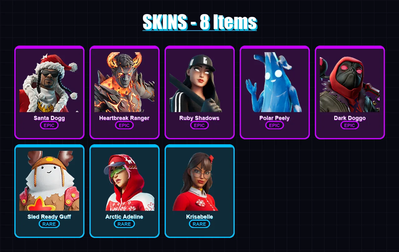 [PC/PSN] | Santa Dogg | Heartbreak Ranger | Ruby Shadows | Polar Peely | Dark Doggo | 8 skin | 56 pickaxe | 39 emote | 49 glider | Lv926