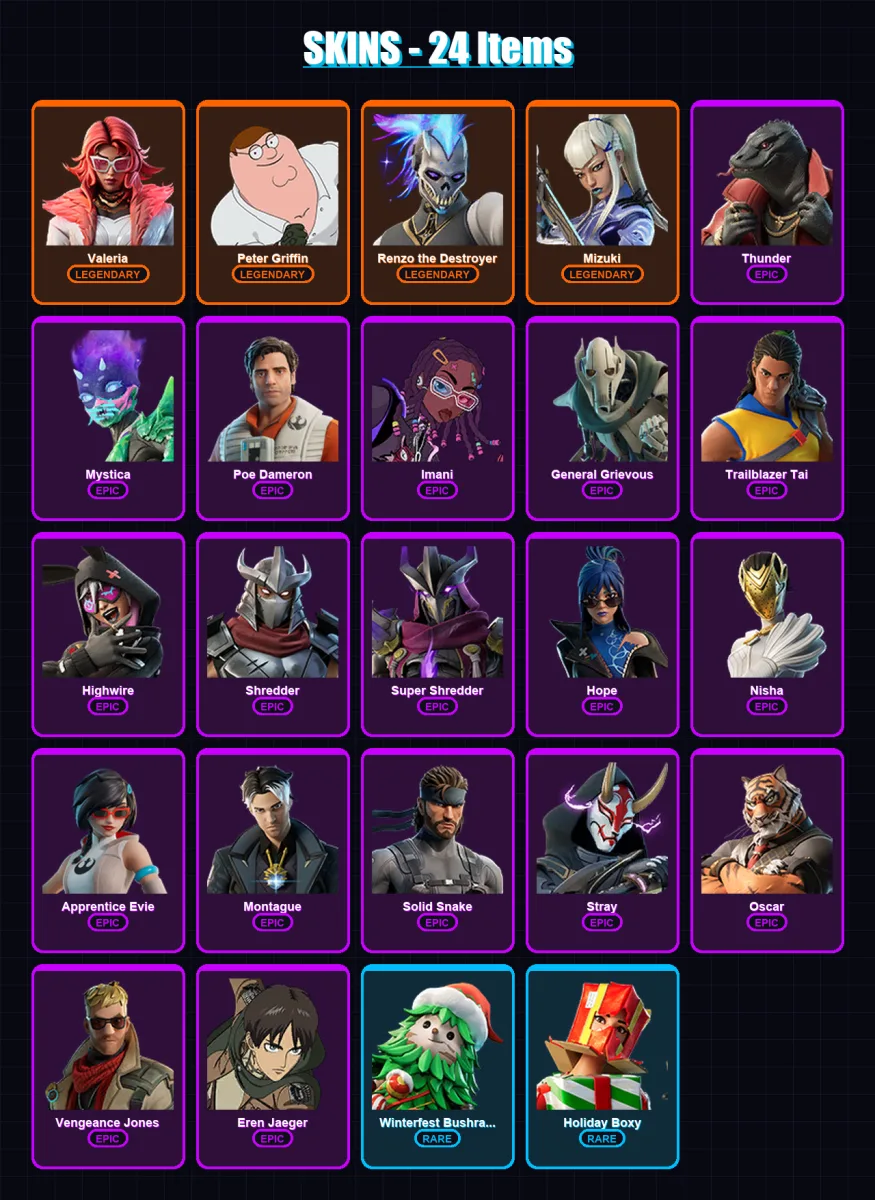 [PC/XBOX/PSN] | Valeria | Peter Griffin | Renzo the Destroyer | Mizuki | Thunder | 24 skin | 41 pickaxe | 31 emote | 34 glider | Lv453