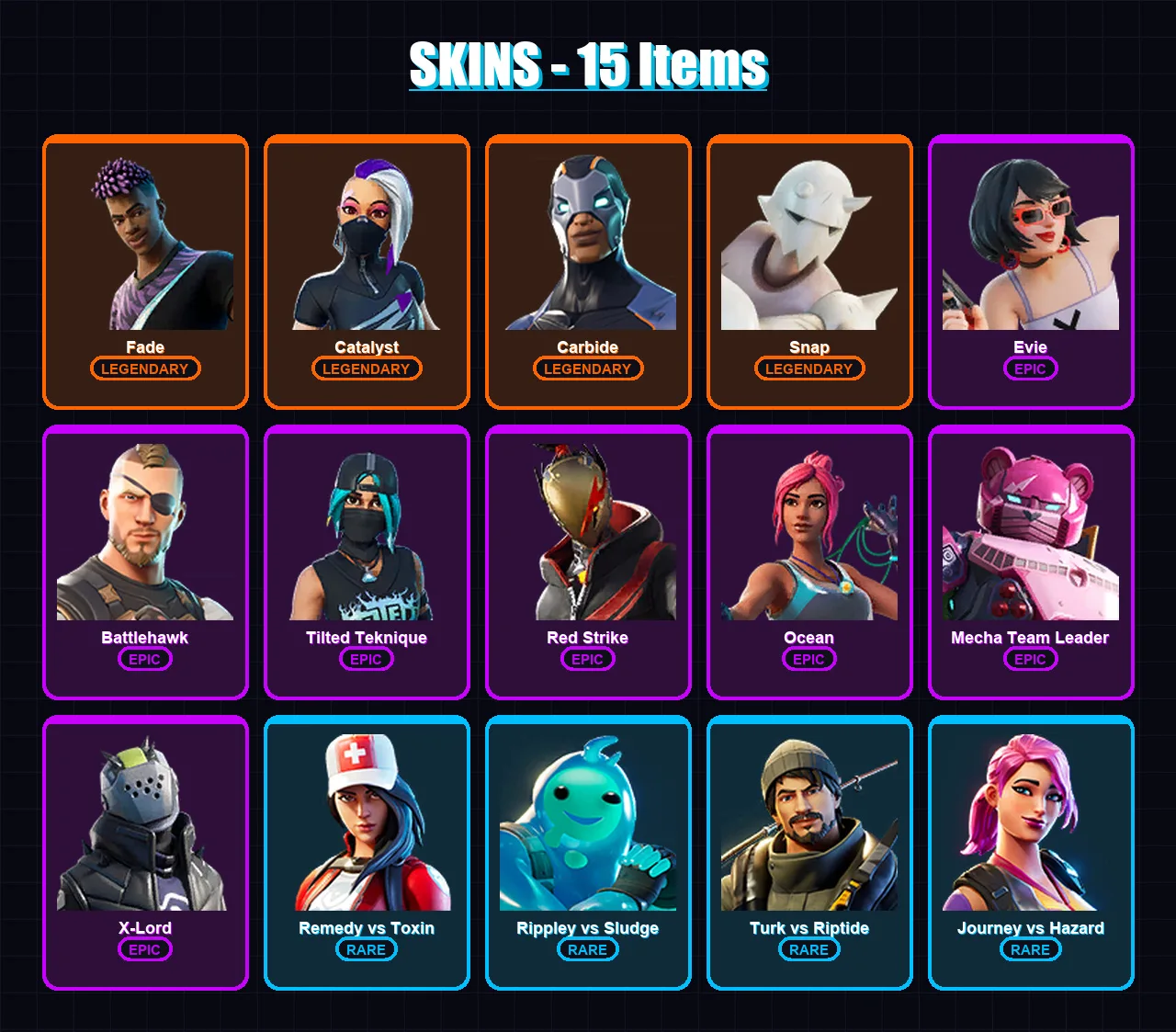 [PC/XBOX/PSN] | Fade | Catalyst | Carbide | Snap | Evie | 15 skin | 11 pickaxe | 10 emote | 11 glider | Lv160 — Fortnite account