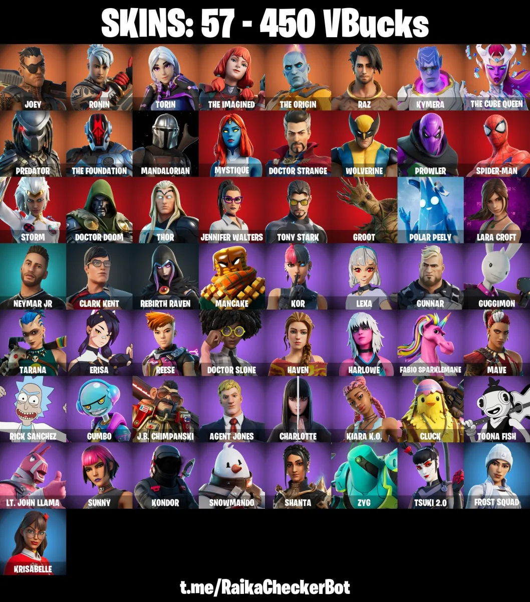 57 skins Joey Ronin | Torin | The Imagined | The Origin Raz | Kymera | The Cube Queen All Platforms Mail Access Instant Delivery — Fortnite account