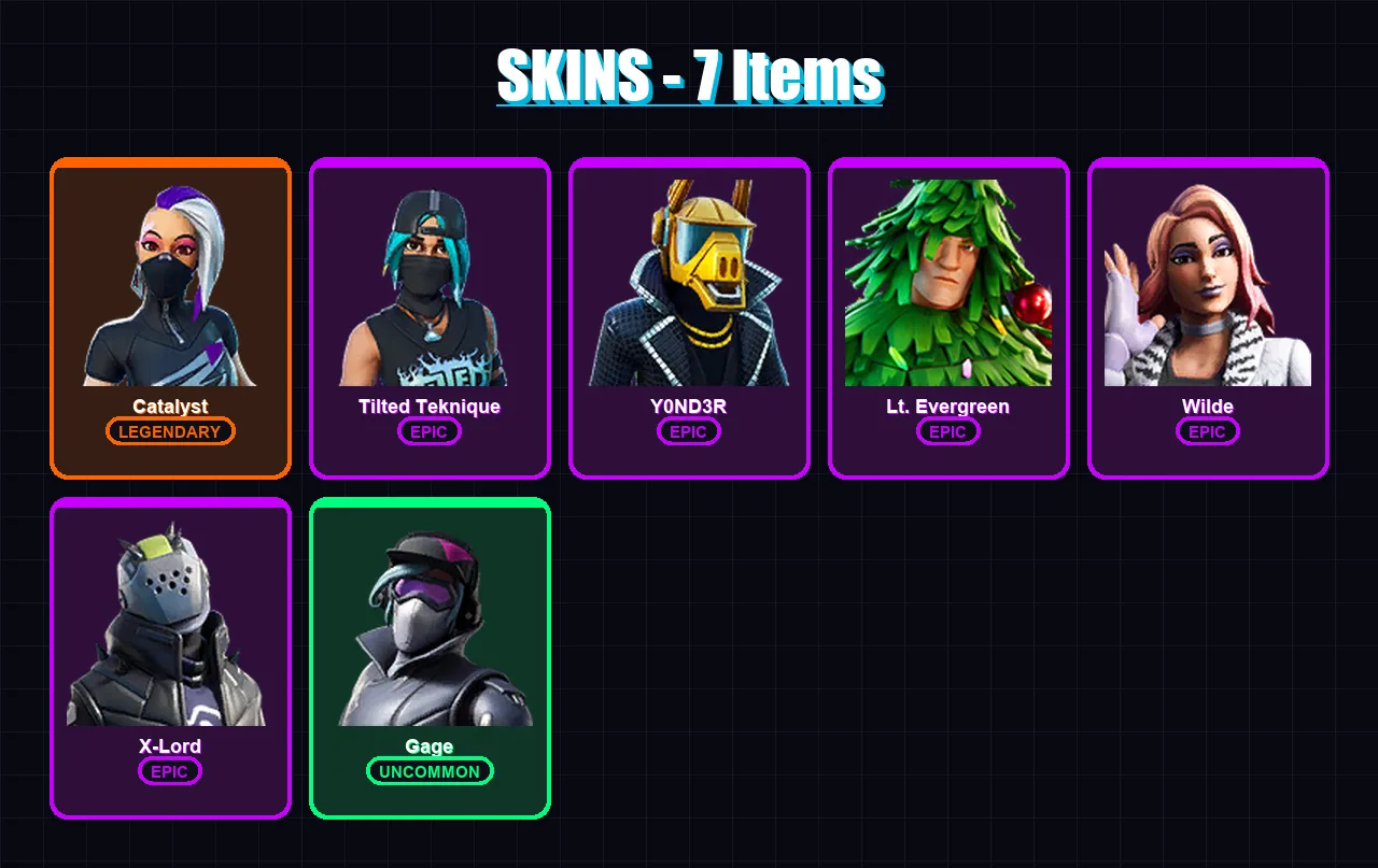 [SWITCH/XBOX/PSN/PC] | Catalyst | Tilted Teknique | Y0ND3R | Lt. Evergreen | Wilde | 7 skin | 14 pickaxe | 25 emote | 22 glider | Lv351