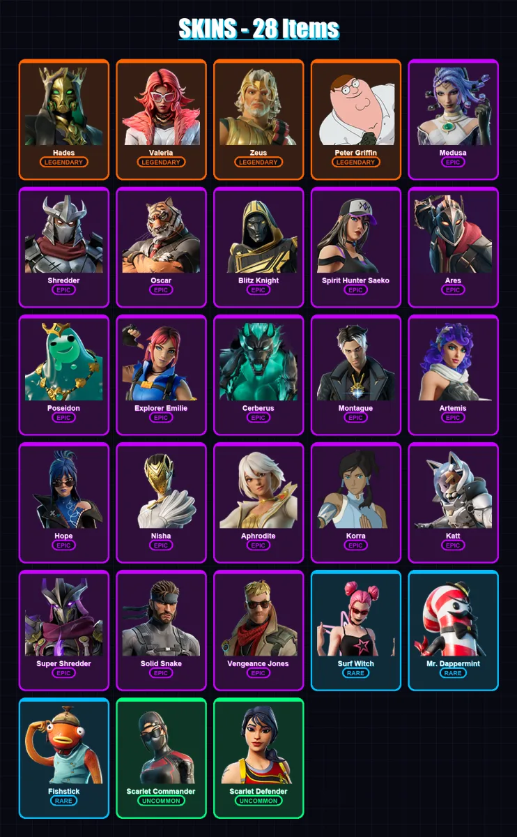 [PC/PSN] | Hades | Valeria | Zeus | Peter Griffin | Medusa | 28 skin | 52 pickaxe | 43 emote | 36 glider | Lv625