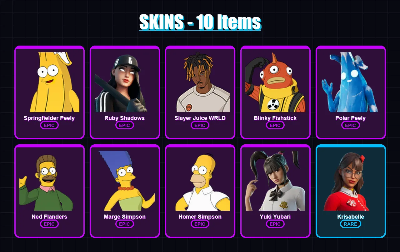 [SWITCH/XBOX/PSN/PC] | Springfielder Peely | Ruby Shadows | Slayer Juice WRLD | 10 skin | Lv371
