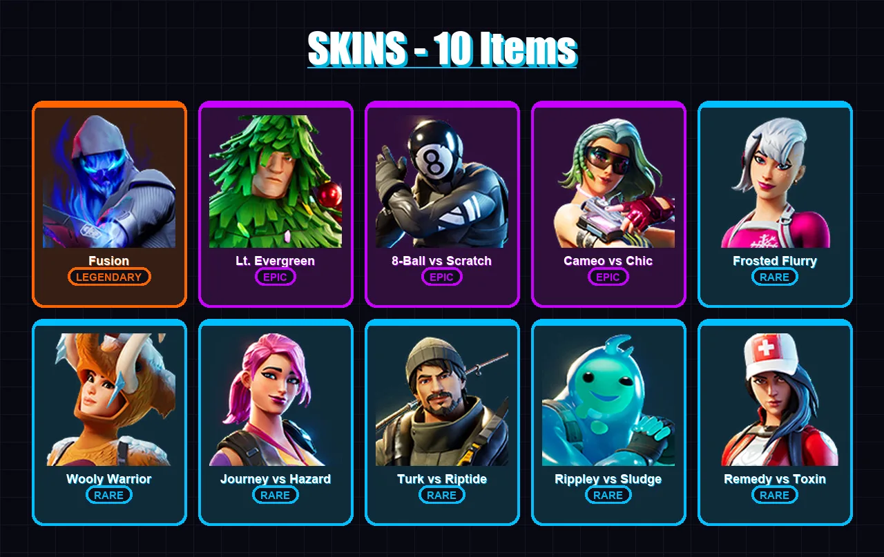 [PC/XBOX] | Fusion | Lt. Evergreen | 8-Ball vs Scratch | Cameo vs Chic | Frosted Flurry | 10 skin | 20 pickaxe | 12 emote | 14 glider | Lv233