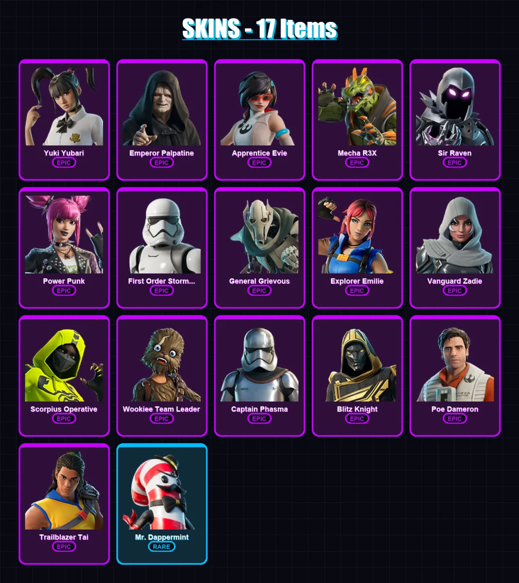 [PC] | Yuki Yubari | Emperor Palpatine | Apprentice Evie | Mecha R3X | Sir Raven | 17 skin | 31 pickaxe | 19 emote | 25 glider | Lv283