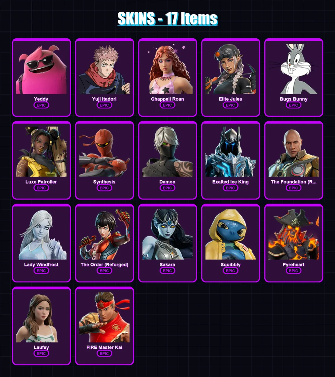 [PC/XBOX/PSN] | Yeddy | Yuji Itadori | Chappell Roan | Elite Jules | Bugs Bunny | 17 skin | 22 pickaxe | 12 emote | 12 glider | Lv93