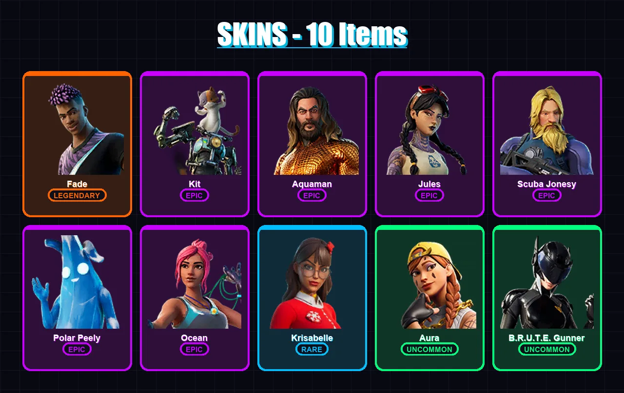 [PC/PSN] | Fade | Kit | Aquaman | Jules | Scuba Jonesy | 10 skin | 10 pickaxe | 13 emote | 11 glider | Lv93 — Fortnite account
