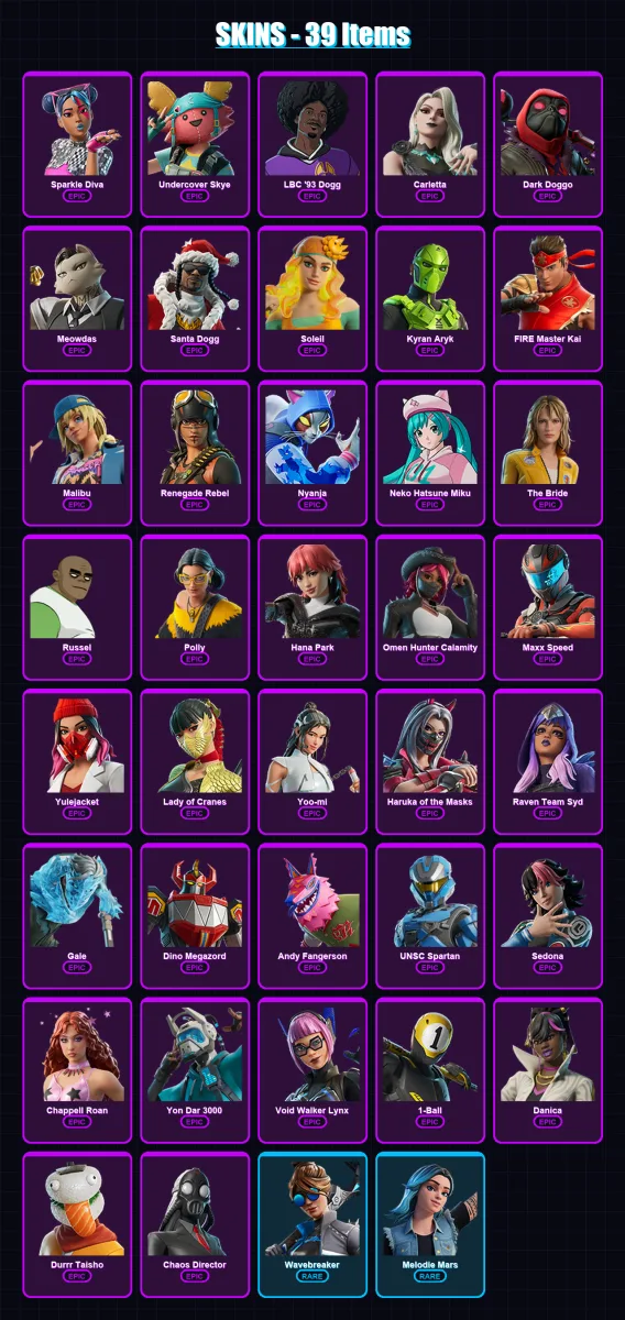 [PC/PSN] | Sparkle Diva | Undercover Skye | LBC '93 Dogg | Carletta | Dark Doggo | 39 skin | 39 pickaxe | 17 emote | 9 glider | Lv98