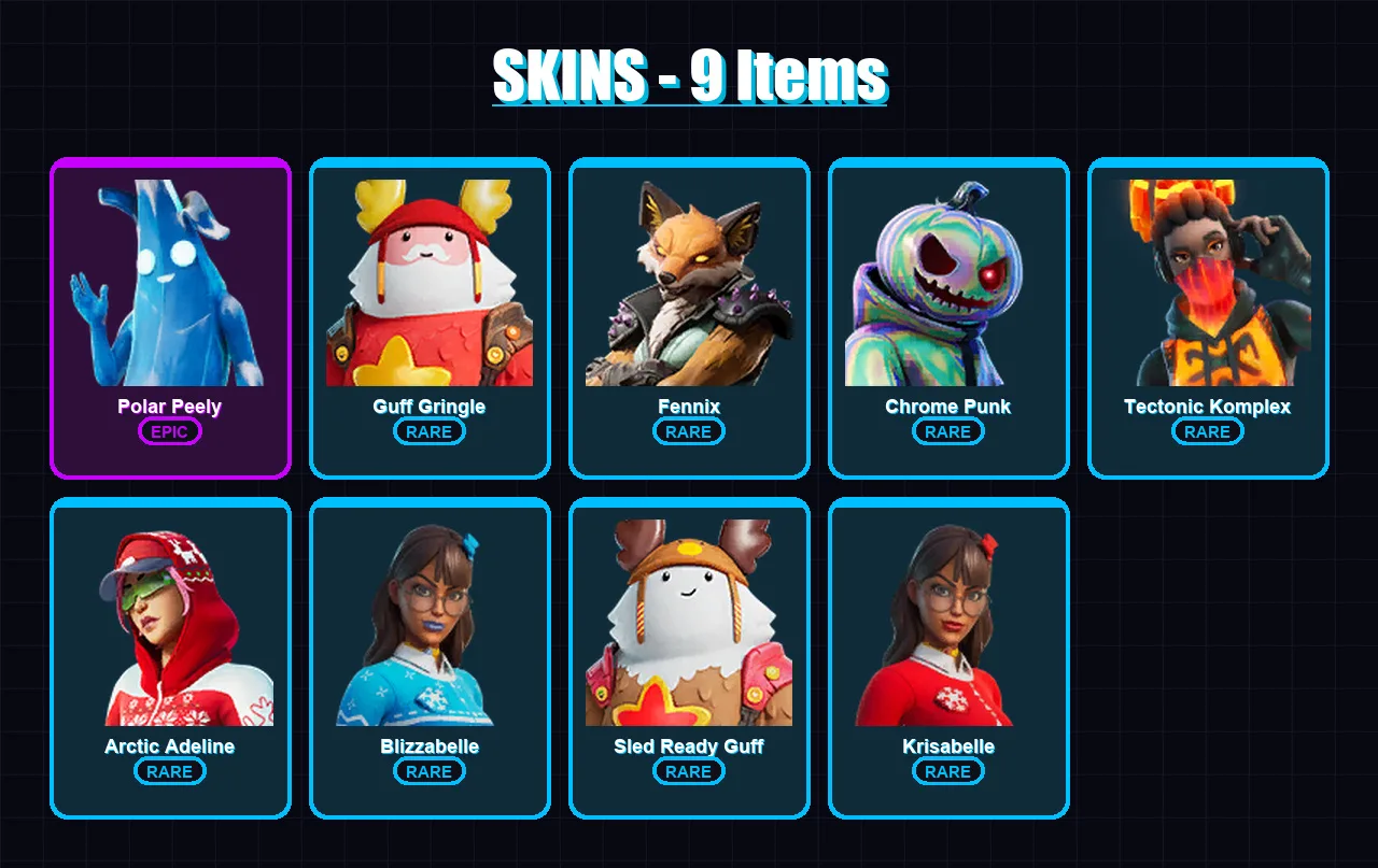 [PC/PSN] | Polar Peely | Guff Gringle | Fennix | Chrome Punk | Tectonic Komplex | 9 skin | 18 pickaxe | 15 emote | 20 glider | Lv294