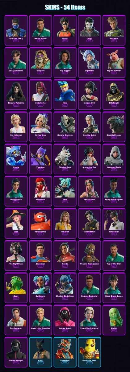 [PC/PSN] | Sub-Zero (MK3) | Marble Maven | Robin | Daigo | Killswitch | 54 skin | 84 pickaxe | 54 emote | 53 glider | Lv663